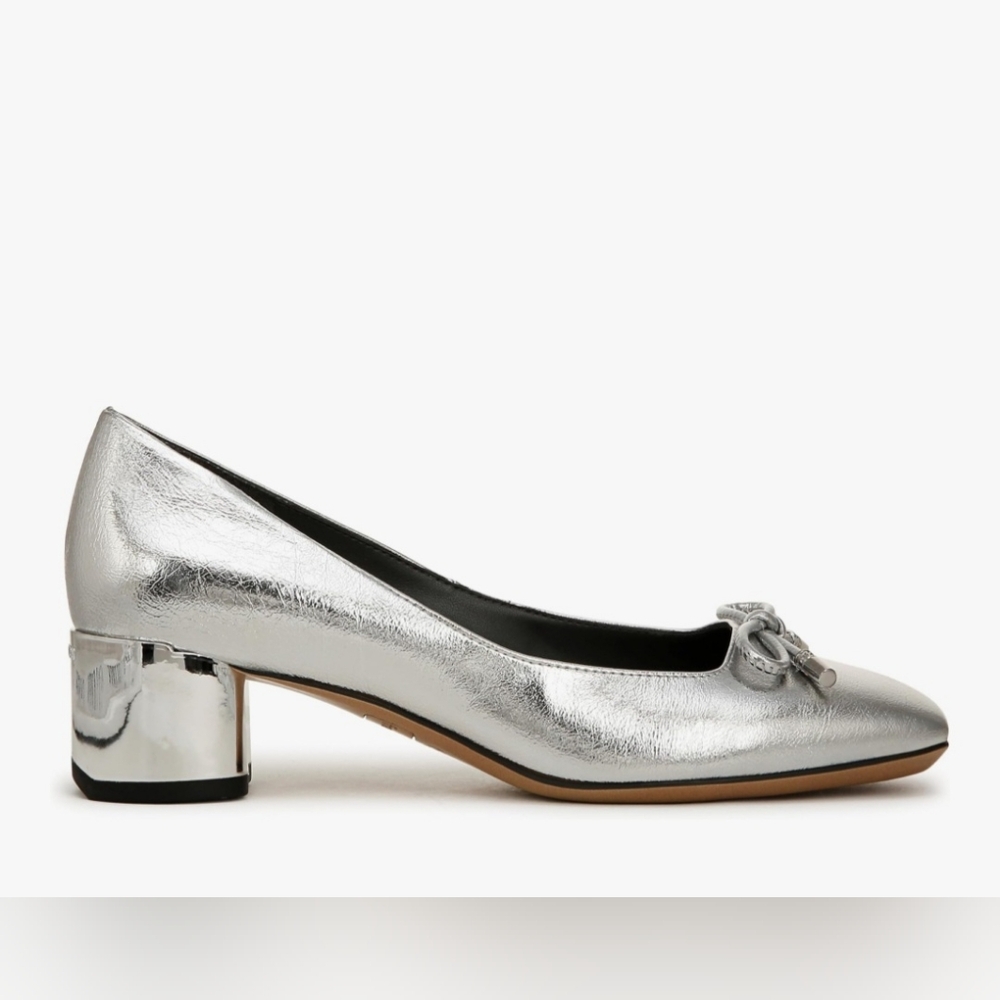 Franco Sarto Silver Metallic Square-Toe Block Heel Pump with Bow - Picture 7 of 14